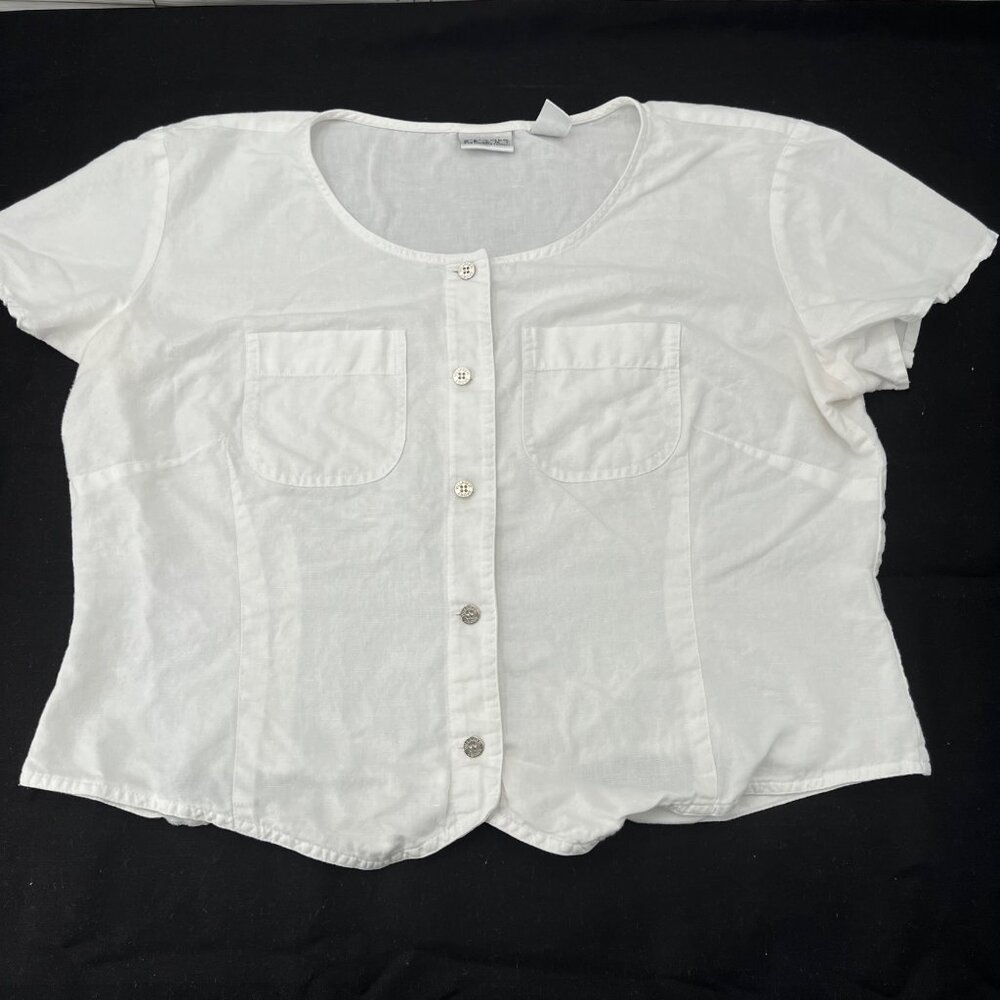 Villager Sport White Linen‎ Blend Short Sleeve Button Front Shirt Womens XL